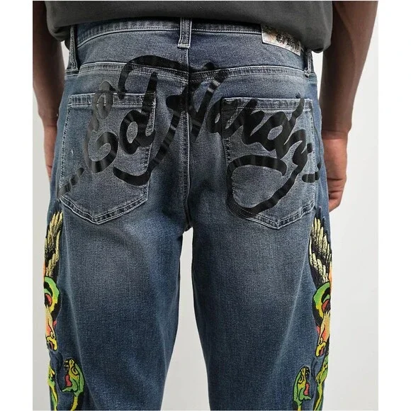 NWT Ed Hardy Eagle Snake Slim Straight Y2K Med Blue Denim Jeans (Men's 36)